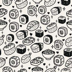 Vector and seamless pattern with Japanese cuisine of fish and rice. Sushi pattern black and white. Seamless background sushi.