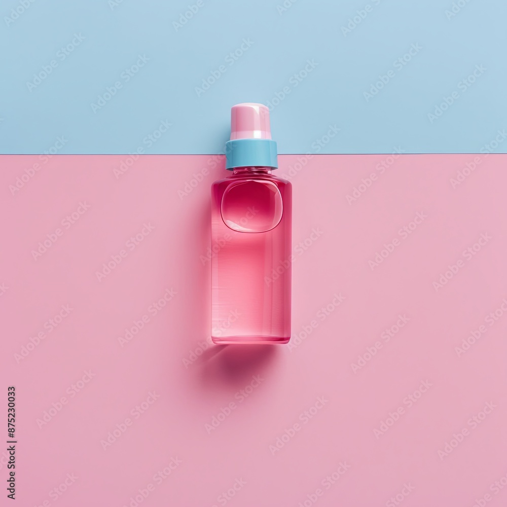 Wall mural creative minimal beauty and health background with pink bottle. minimal top view and flat lay of cos