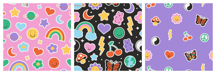 Fototapeta premium Fun retro cartoon sticker seamless pattern set. Trendy 90s doodle icon background with flower, happy face and butterfly. Colorful vintage groovy art label wallpaper, cool emoticon symbol print. 