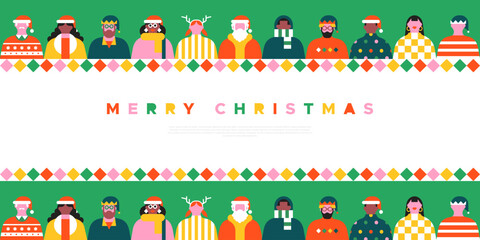 Diverse christmas people web template illustration. Colorful xmas party celebration flat cartoon invitation banner. Geometric style funny winter season group, holiday character greeting card.