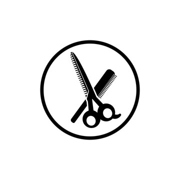 recommend clip art: Scissors and hairbrush graphic icon. Crossed scissors and hairbrush sign isolated on white background. Barbershop symbol. Modern vector illustration.