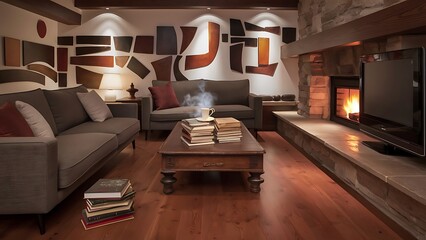 Living room with cherry wood flooring