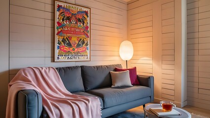 Poster above grey sofa with pink blanket in living room interior