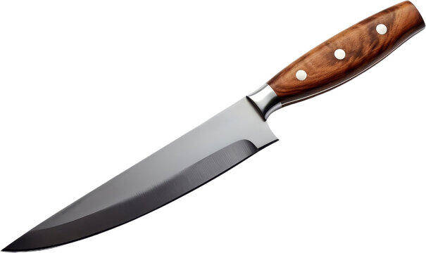 A sharp kitchen knife with a wooden handle isolated on a black background.
