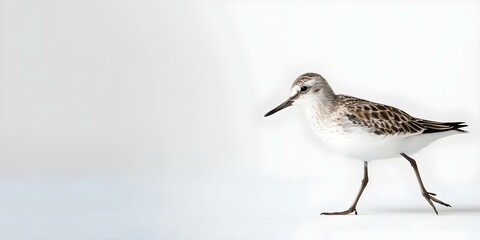 Obraz premium Sandpiper with long legs and bill searching for food against a white backdrop. Concept Wildlife Photography, Bird Watching, Nature Observation