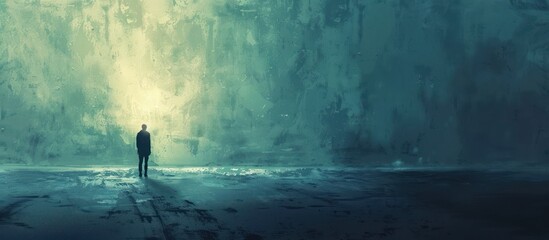 A solitary figure stands in front of an unknown door