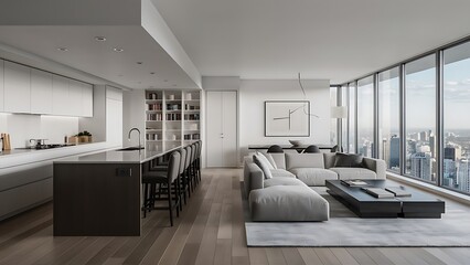 Fototapeta premium Modern condo kitchen and living room