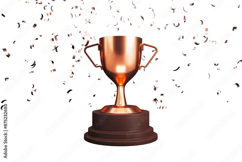 Aufkleber bronze trophy cup with confetti on a white background, symbolizing victory and success, isolate. 3d 