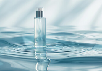 A spray bottle on a calm, clear body of water.