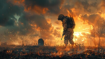 soldier bows head paying respects fallen comrade grave, representing solemnity and sacrifice of war