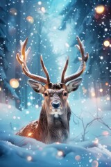 Deer stag in the winter magic snowy forest. Reindeer in the wild landscape banner. Noble animal and magic lights. Fairytale scene of wild nature for wallpaper, Christmas card, holiday background