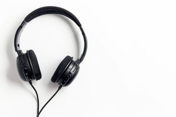 Fototapeta premium Black headset on white background, flat lay, top view.
