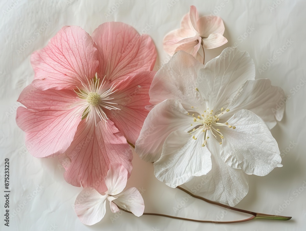 Poster a pair of pink and white flowers with only a few petals resting on a white table, perfectly arranged