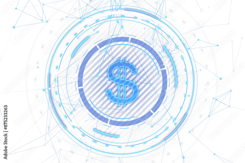 Poster abstract digital illustration of a blue dollar sign with circular technology motifs on a white backg
