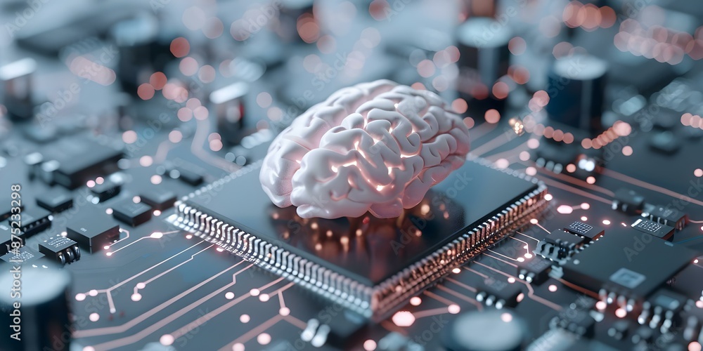 Poster advancement of ai on a microprocessor conceptual illustration of a digital brain. concept ai develop