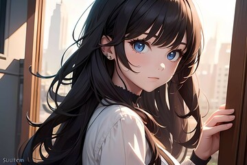 Anime girl with long dark hair by city window