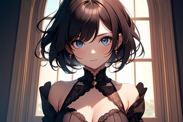 Anime girl with short dark hair by window