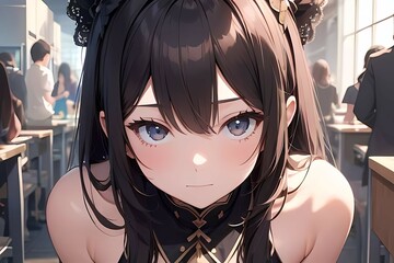 Anime Girl in School Setting with Blue Eyes