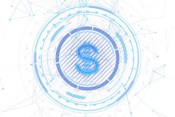 Abstract digital illustration of a blue dollar sign with circular technology motifs on a white background, symbolizing financial technology. 3D Rendering