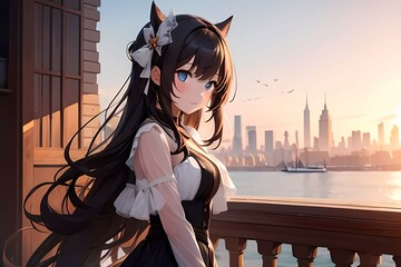 Anime catgirl overlooking city skyline at sunset
