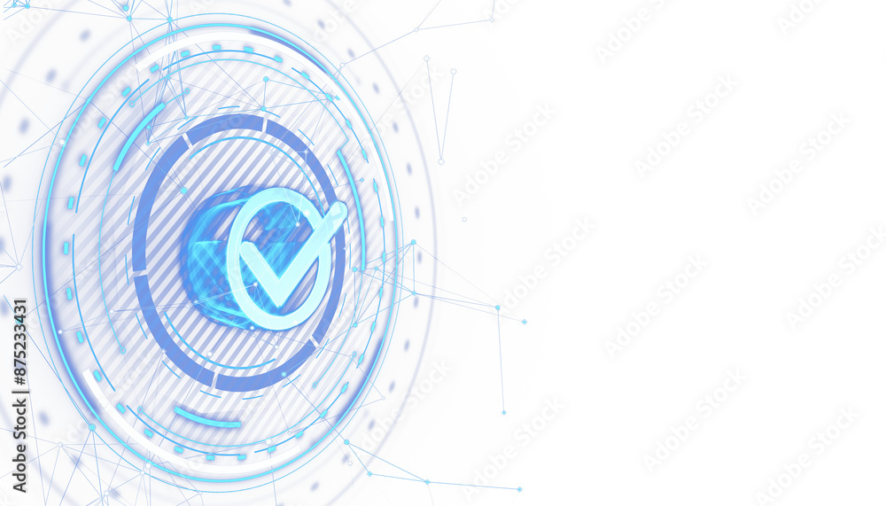 Aufkleber Abstract digital checkmark icon in a futuristic network, digital design on a white background, symbolizing validation or security. 3D Rendering