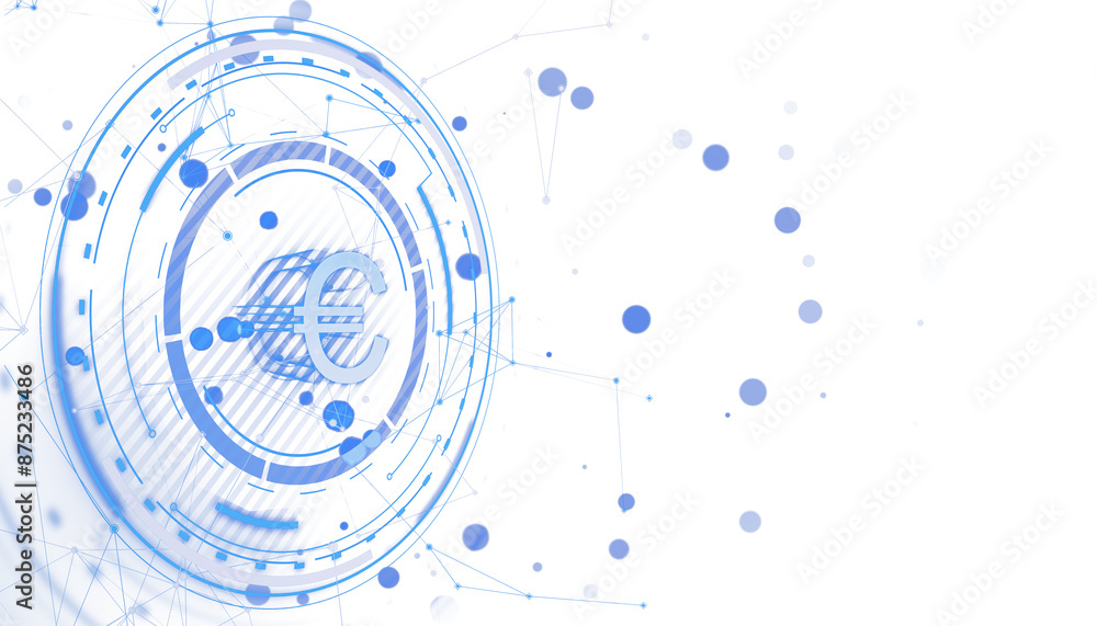 Poster Abstract image showing a Euro currency symbol with a futuristic circuit design on a white background, concept of digital finance. 3D Rendering