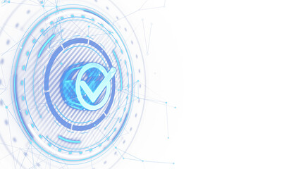 Abstract digital checkmark icon in a futuristic network, digital design on a white background, symbolizing validation or security. 3D Rendering © Who is Danny