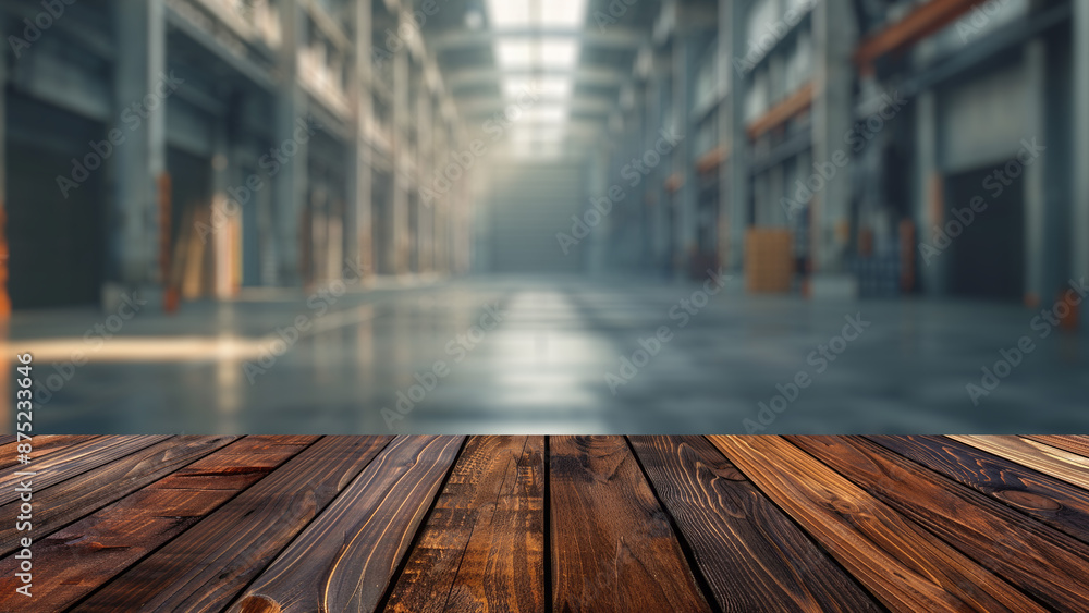 Poster empty wood table top with blur background of warehouse of factory. the table giving copy space for p
