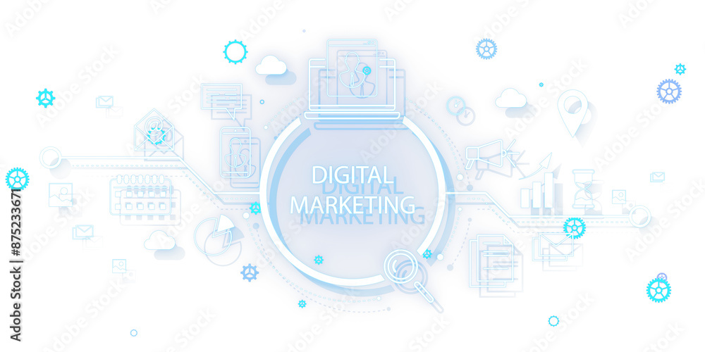 Poster a digital marketing concept illustration on a white background with blue icons and elements represen