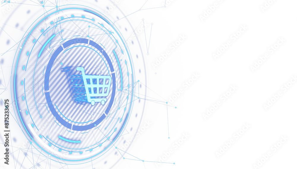 Poster Digital shopping cart icon encircled by dynamic lines on a white and blue technological backdrop, concept of online shopping. 3D Rendering