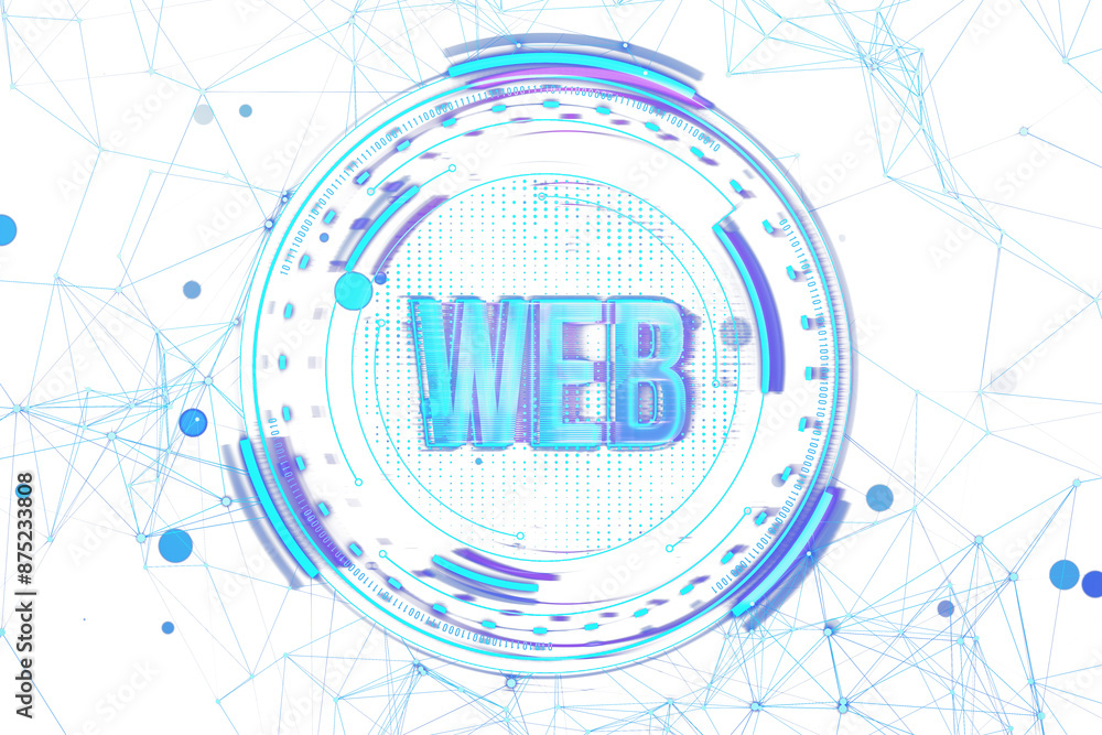 Poster Futuristic 'WEB' text circled by digital elements on a dynamic, geometric line background, conveying a tech concept. 3D Rendering