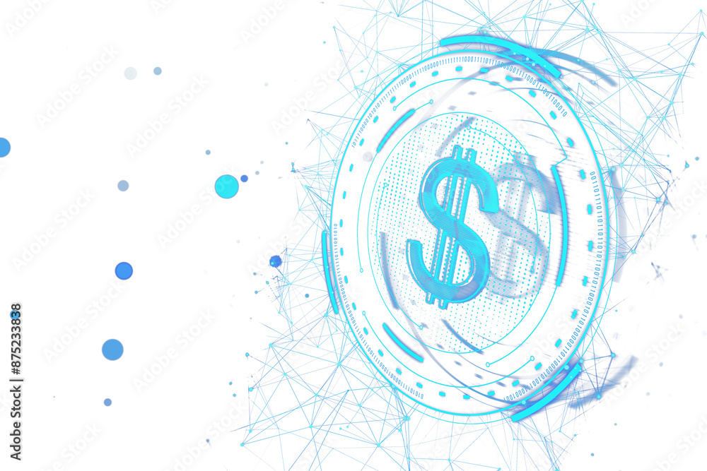 Aufkleber A digital dollar sign surrounded by abstract geometric shapes and splashes on a white background, representing finance concept. 3D Rendering