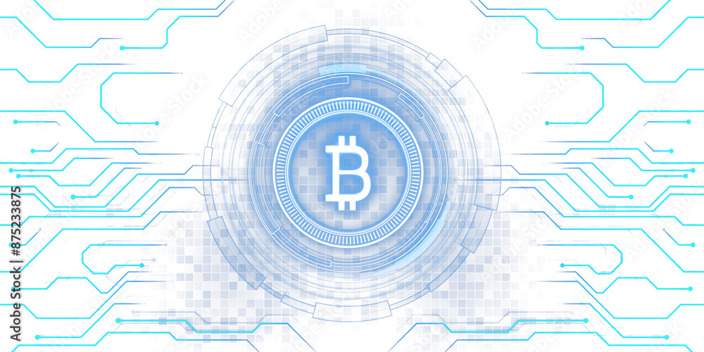 Poster Abstract digital Bitcoin symbol with futuristic circuit patterns on a light blue background, concept of cryptocurrency. 3D Rendering