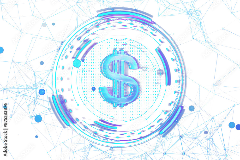 Poster A digital dollar symbol surrounded by futuristic circular patterns and connected dots on a light background, concept of digital currency. 3D Rendering