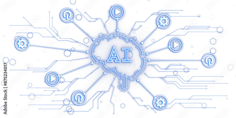 Poster Illustration of a digital brain concept with AI and icons on a white background, symbolizing artificial intelligence. 3D Rendering