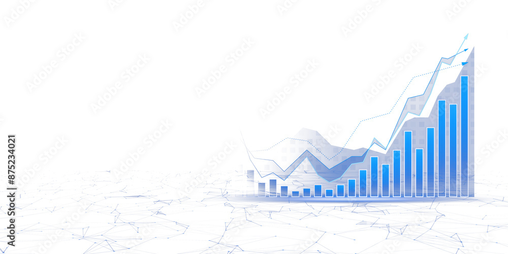 Poster A digital illustration of rising bar graphs and lines on a network grid against a white background, symbolizing growth and analysis. 3D Rendering