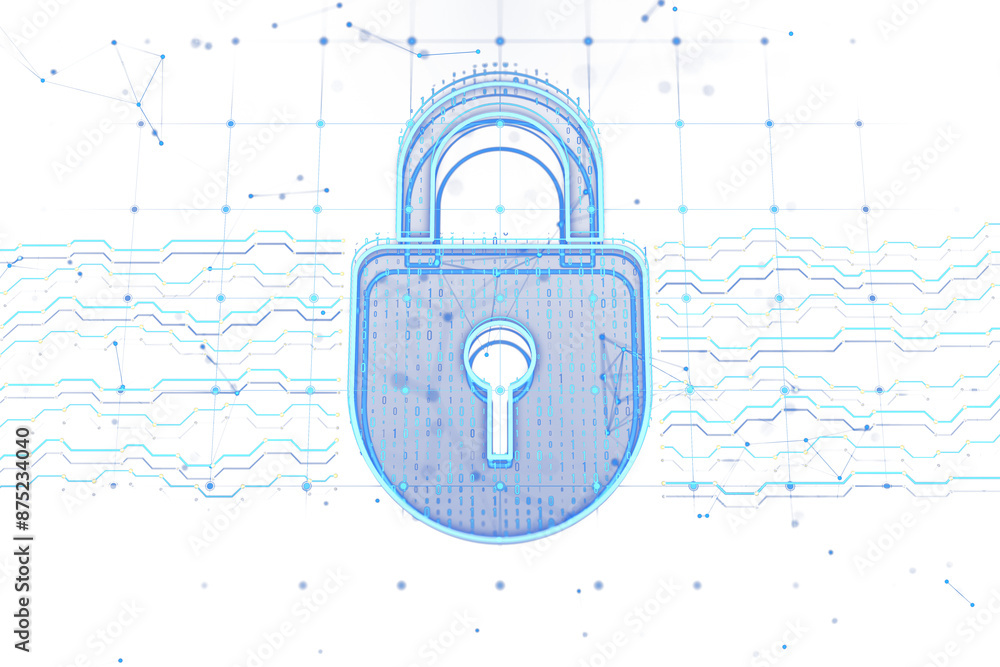 Aufkleber Transparent digital padlock with circuit patterns, white digital background, concept of cybersecurity. 3D Rendering