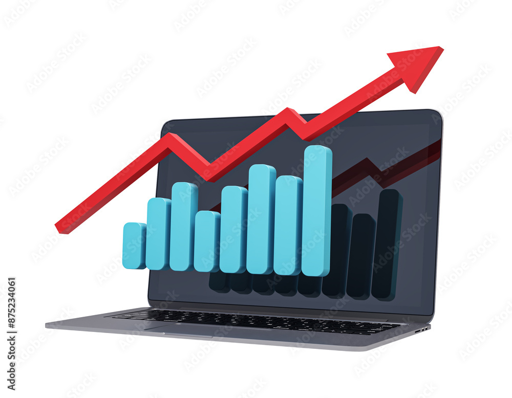 Poster a laptop displaying a bar graph with an upward trending arrow, graphical style, on a white backgroun