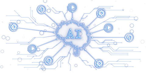 Illustration of a digital brain concept with AI and icons on a white background, symbolizing artificial intelligence. 3D Rendering
