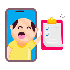 A comic style mascot of a person showing shopping list

