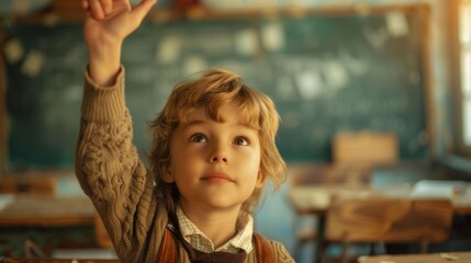 a child in a classroom raising the hand, looking eager to participate