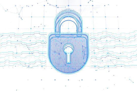 Transparent digital padlock with circuit patterns, white digital background, concept of cybersecurity. 3D Rendering