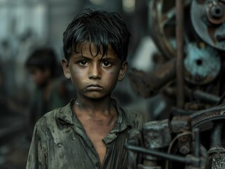a child laborer working in a factory, wearing worn clothes and a tired expression