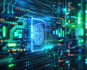 Obraz premium Abstract digital circuit board with glowing blue security symbol. Cybersecurity, technology, and data protection concept.