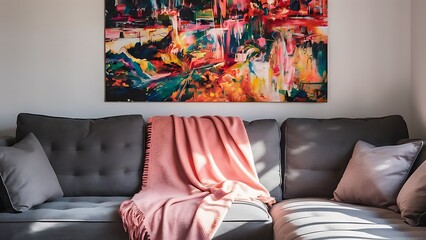 Poster above grey sofa with pink blanket in living room interior