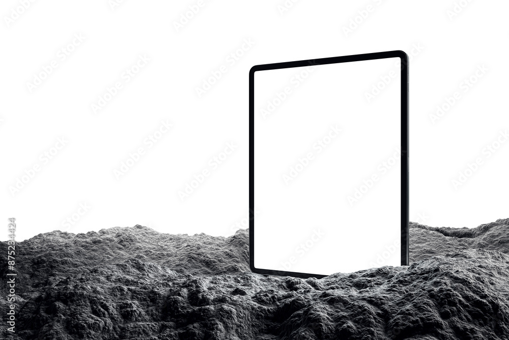 Poster a tablet mockup with a blank screen on a textured backdrop simulating a rugged landscape, ideal for 