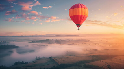 Obraz premium A hot air balloon floating in the sky above a vast countryside