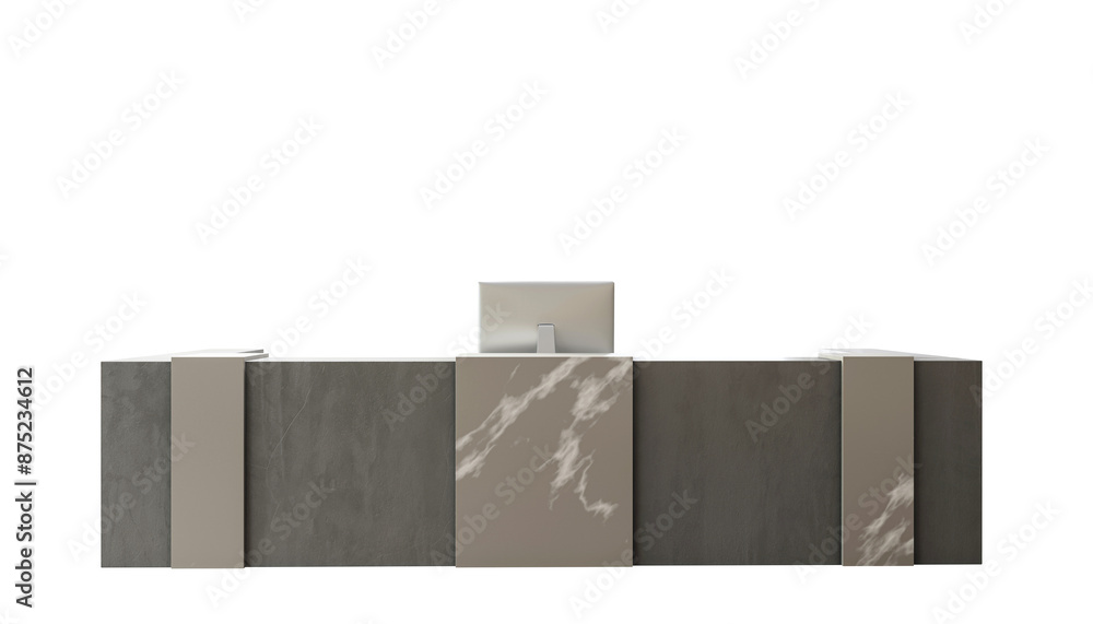 Poster a row of standing stone-like panels with a blank white sign in the center, isolated on a white backg