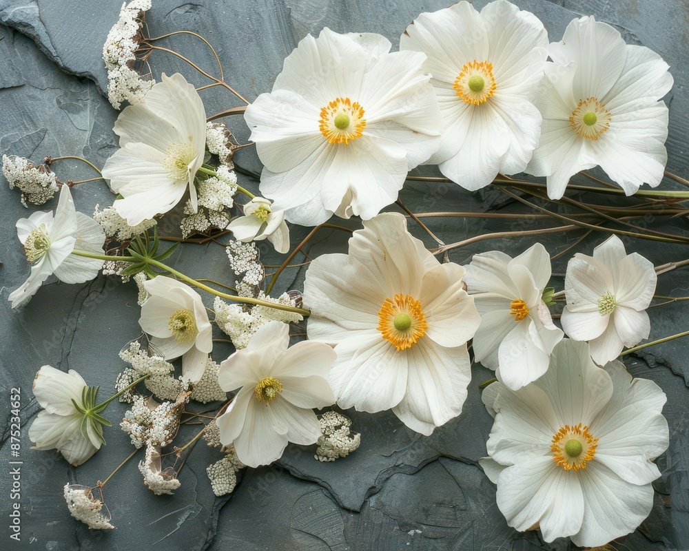 Poster an array of white flowers with yellow centers on a textured gray surface, artfully arranged in a nat