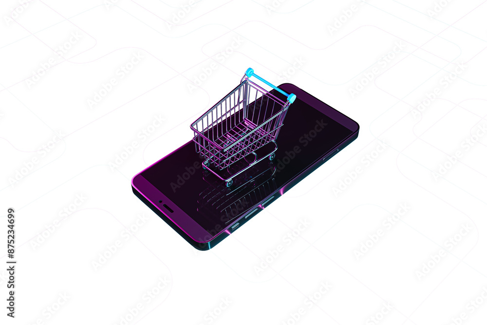 Poster a wireframe shopping cart on a smartphone, digital art style, with a white and transparent abstract 